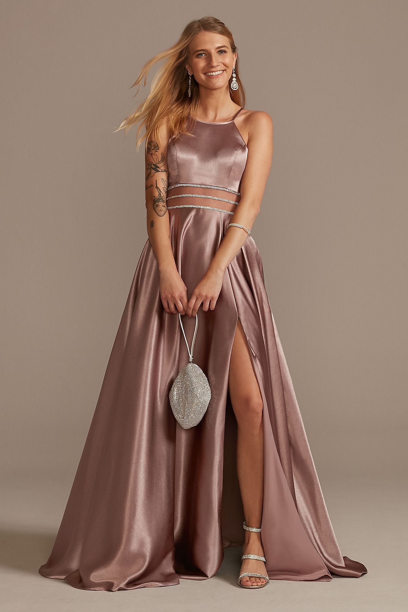 Spaghetti Strap Shiny Satin Gown with Slit Skirt